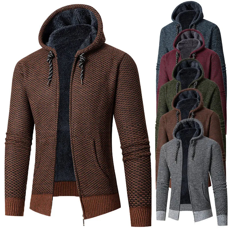 Autumn Winter Men's Knit Cardigan European American Style Slim Fit Hooded Coat Zipper New Thickened Anti-Pilling Striped