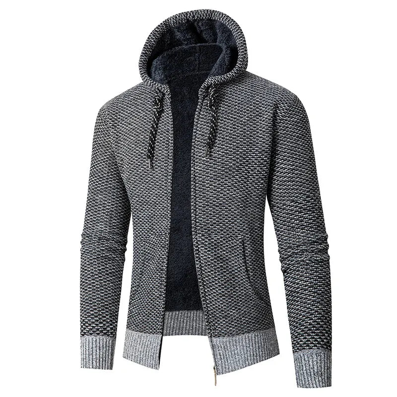 Autumn Winter Men's Knit Cardigan European American Style Slim Fit Hooded Coat Zipper New Thickened Anti-Pilling Striped