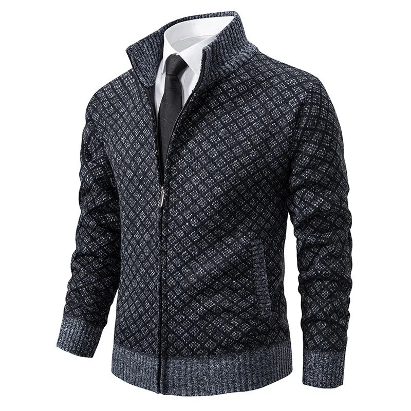 2025 Men's Casual High Collar Long Sleeve Knitted Top with Velvet Warmth for Autumn and Winter Fashion Multi Functional Jacket