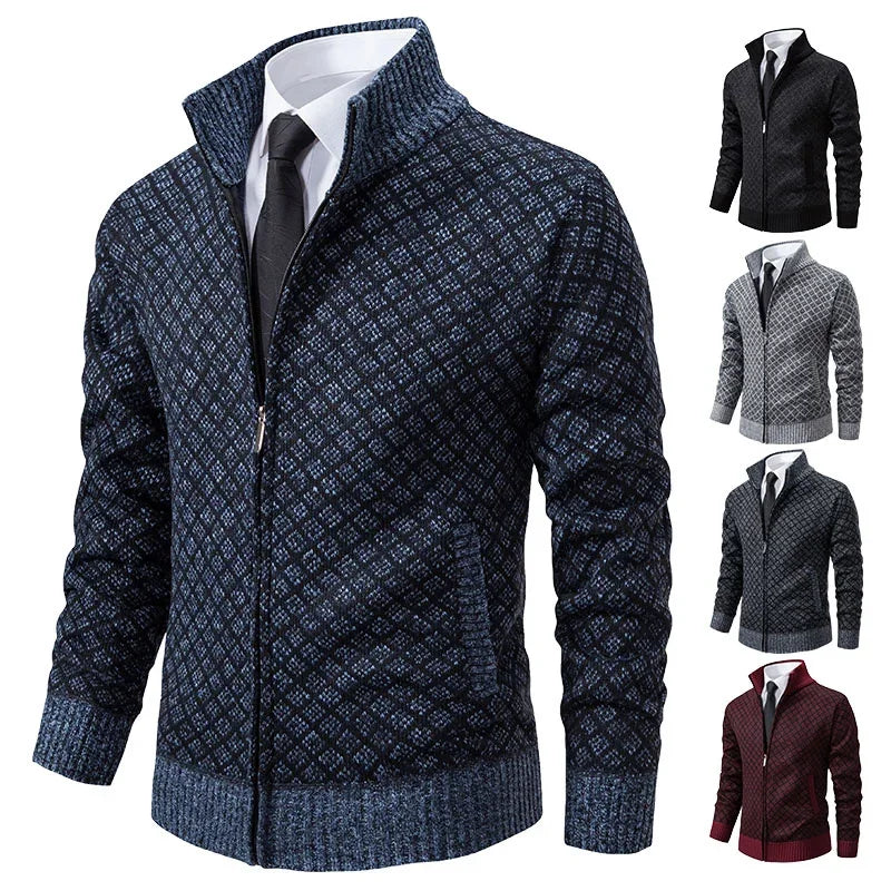 2025 Men's Casual High Collar Long Sleeve Knitted Top with Velvet Warmth for Autumn and Winter Fashion Multi Functional Jacket
