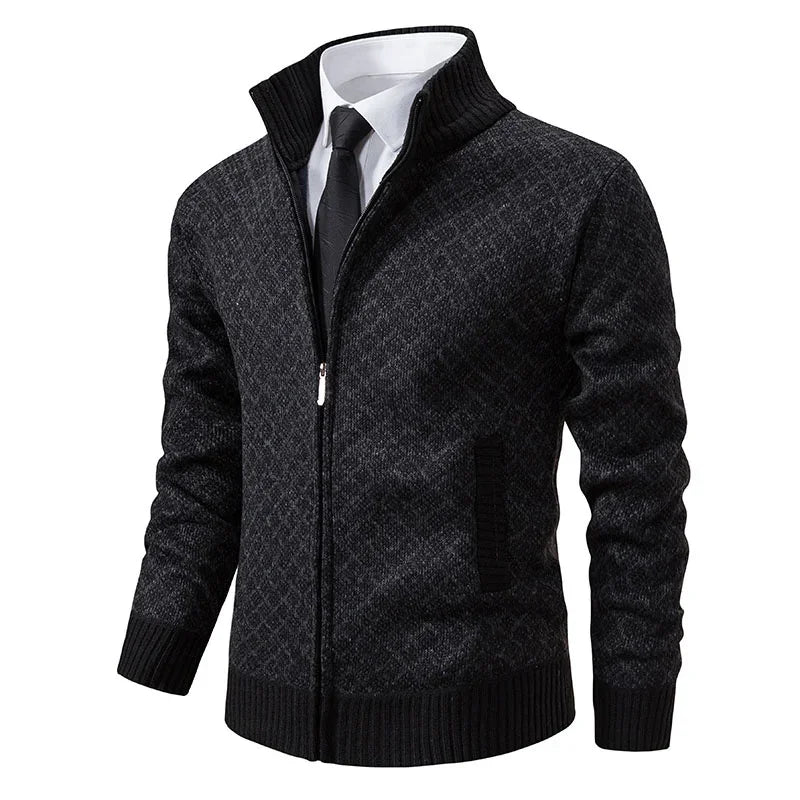 2025 Men's Casual High Collar Long Sleeve Knitted Top with Velvet Warmth for Autumn and Winter Fashion Multi Functional Jacket
