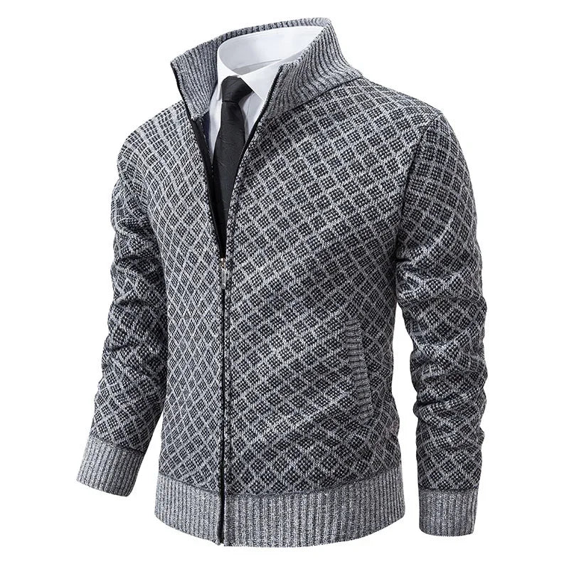 2025 Men's Casual High Collar Long Sleeve Knitted Top with Velvet Warmth for Autumn and Winter Fashion Multi Functional Jacket
